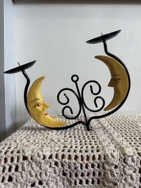 Rare Vintage 90s Celestial Moon Metal Wall Candle Holder